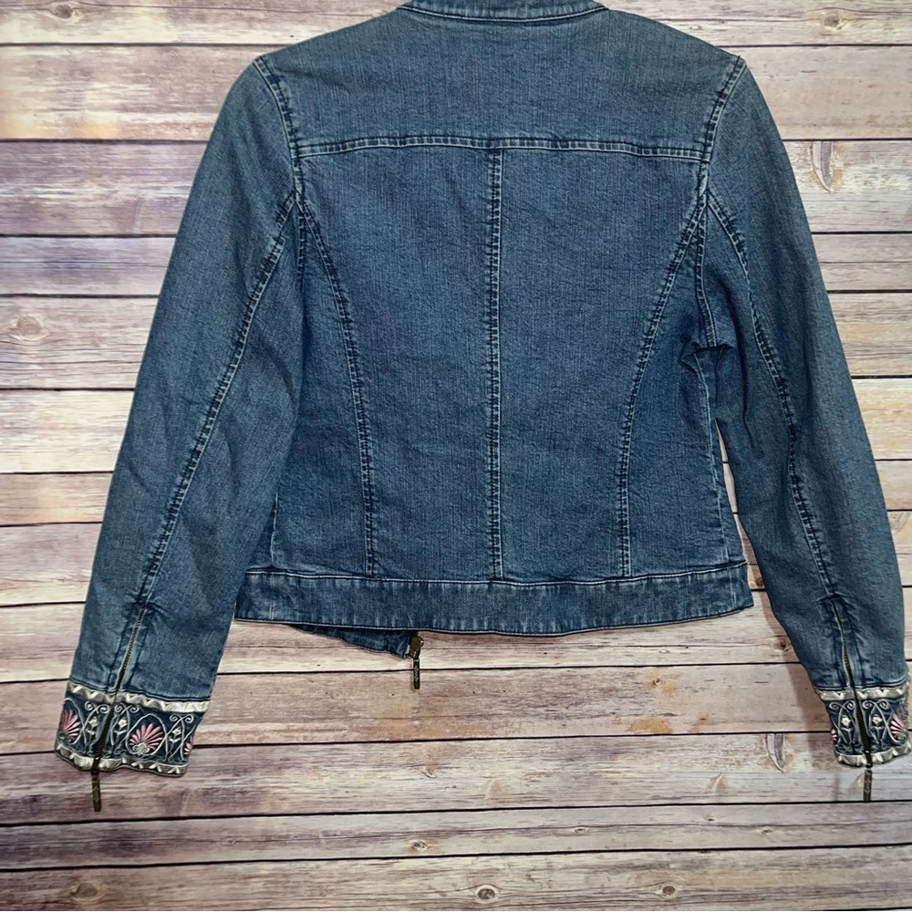⭐️ Indigo Palms Denim Jean Jacket with front zipper Embroidered Zip Cuffs XS - Picture 7 of 7